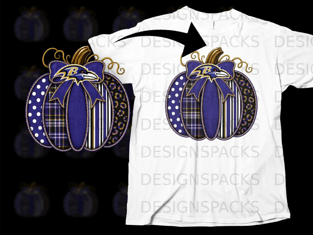 Baltimore Ravens pumpkin with patchwork patterns on a white t-shirt mockup.