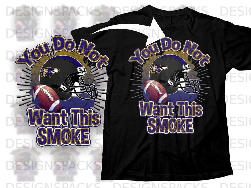 Black t-shirt with "You Do Not Want This Smoke" graphic and football helmet.