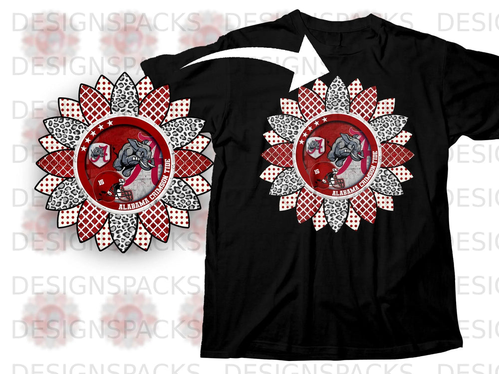 Black t-shirt with Alabama Crimson Tide sunflower graphic featuring an elephant and football helmet.