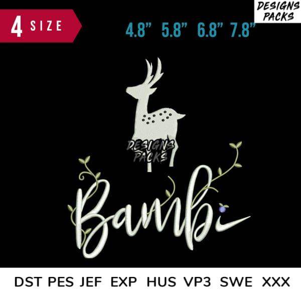 Bambi deer embroidery design with floral script, 4 sizes, DST PES formats, print-ready for apparel