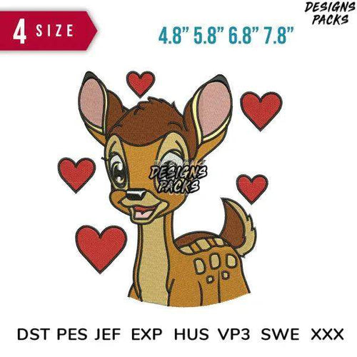 Cute deer embroidery design with hearts, available in 4 sizes & multiple formats for instant download