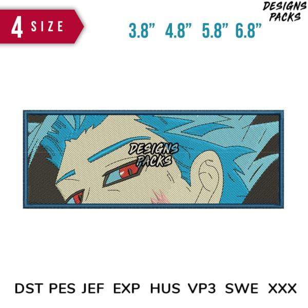 Anime-style embroidery design with blue hair, red eyes, 4 sizes, DST PES JEF formats