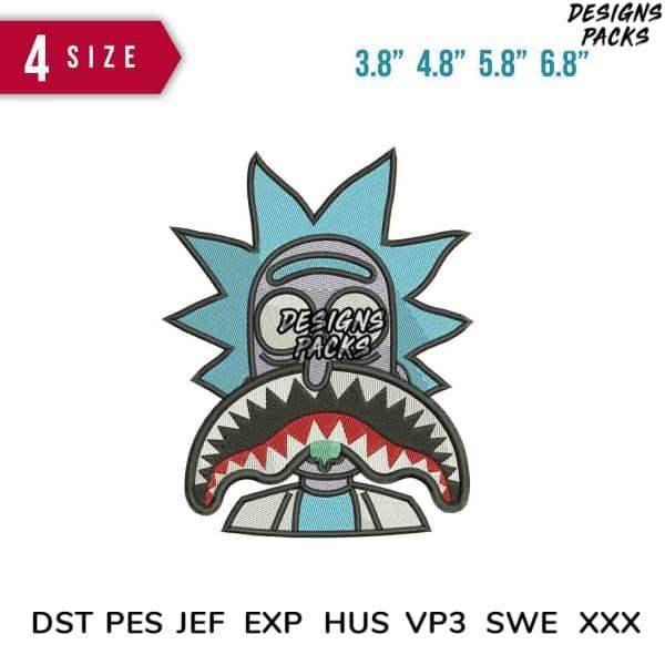 Rick Sanchez embroidery design with shark mouth, 4 sizes, PES DST JEF formats for machine embroidery