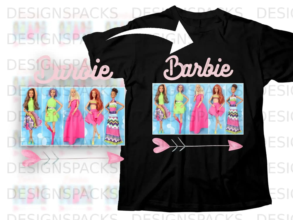 Black t-shirt with pink Barbie logo and images of four Barbie dolls.
