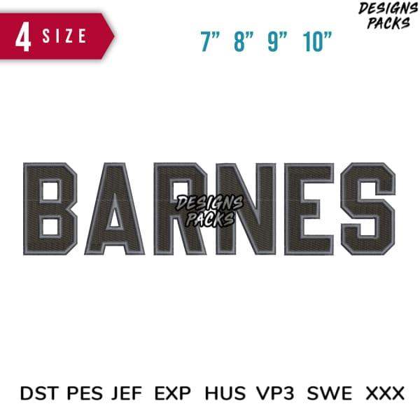 Barnes varsity-style embroidery design in 4 sizes, compatible with DST PES JEF formats for instant download