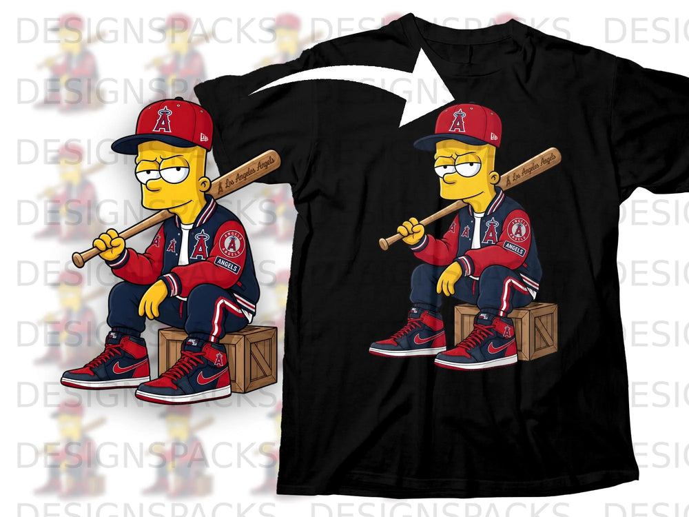 Bart Simpson wearing Los Angeles Angels baseball attire holding a bat.