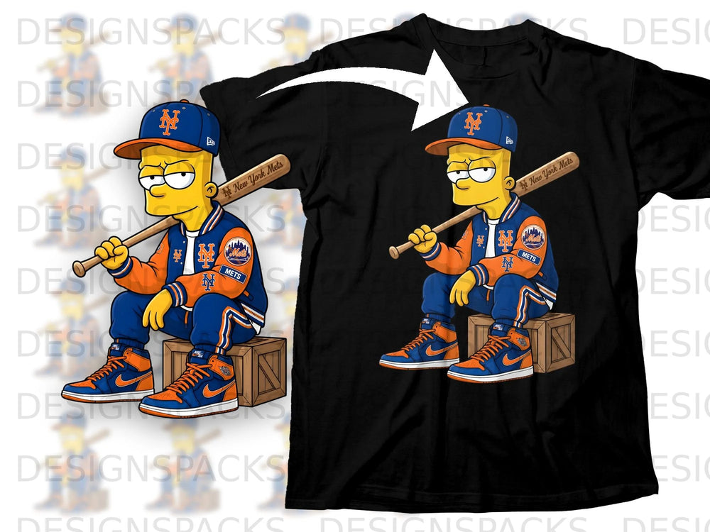 Bart Simpson wearing New York Mets jacket and hat, holding a baseball bat.