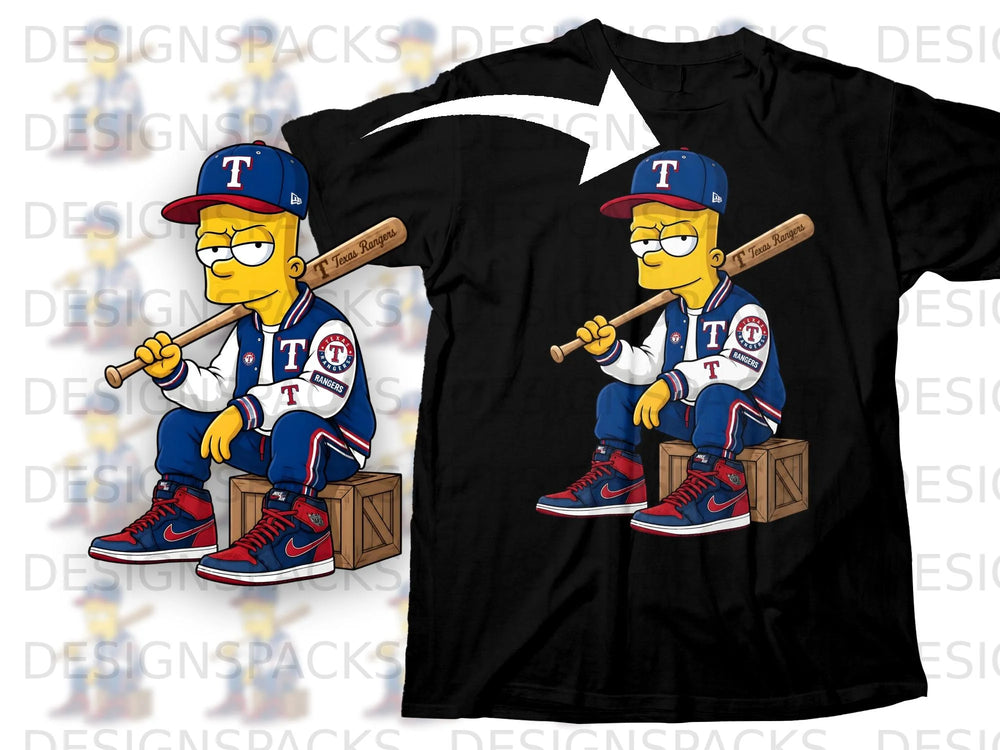 Bart Simpson wearing Texas Rangers gear sits on a crate, holding a baseball bat.
