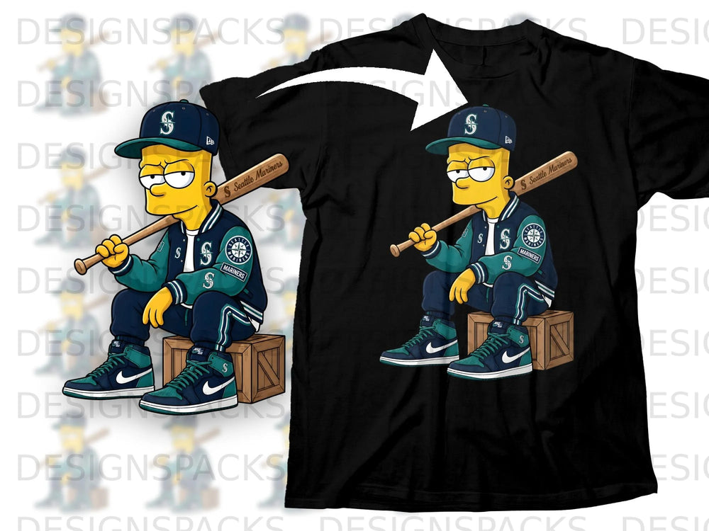 Bart Simpson wearing a Seattle Mariners uniform sitting with a baseball bat.