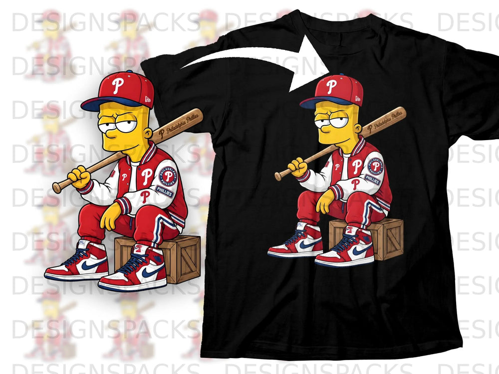 Bart Simpson in a Philadelphia Phillies baseball uniform holding a bat.