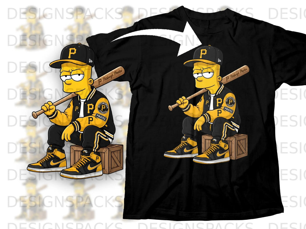 Bart Simpson wearing Pittsburgh Pirates apparel and holding a baseball bat.