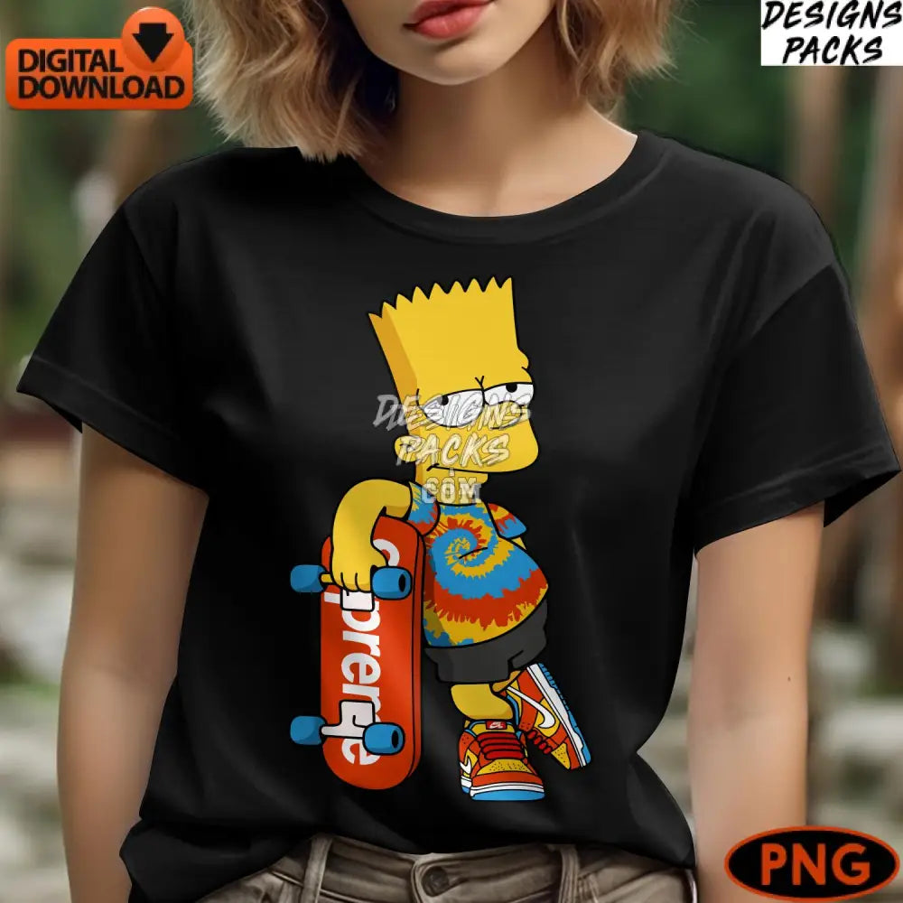 Bart Simpson Skateboarding Digital Art Colorful Cartoon Character Png Instant Download