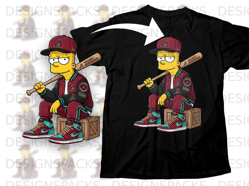 Bart Simpson in Diamondbacks uniform holding baseball bat, sitting on a crate.