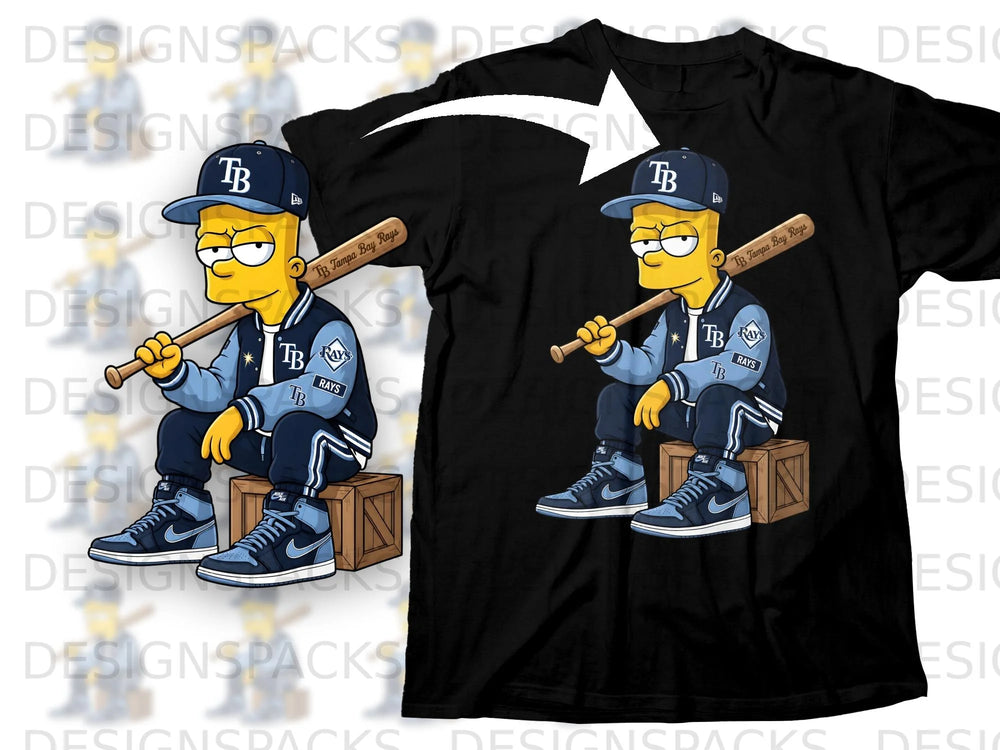 Bart Simpson character wearing Tampa Bay Rays apparel and holding a baseball bat.
