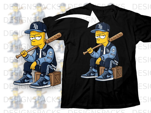 Bart Simpson character wearing Tampa Bay Rays apparel and holding a baseball bat.