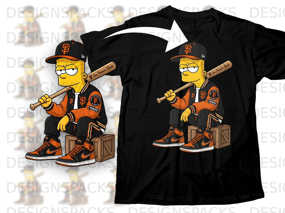 Bart Simpson in San Francisco Giants baseball cap and jacket holding a bat.
