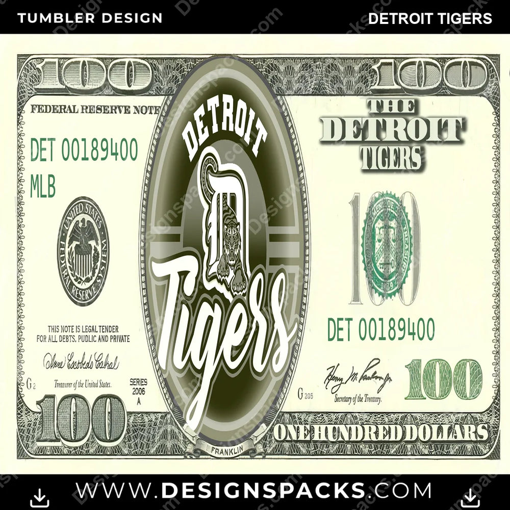 Baseball 100 Dollar Bill Detroit Tigers MLB Baseball Tumbler Digital Wrap Design Download