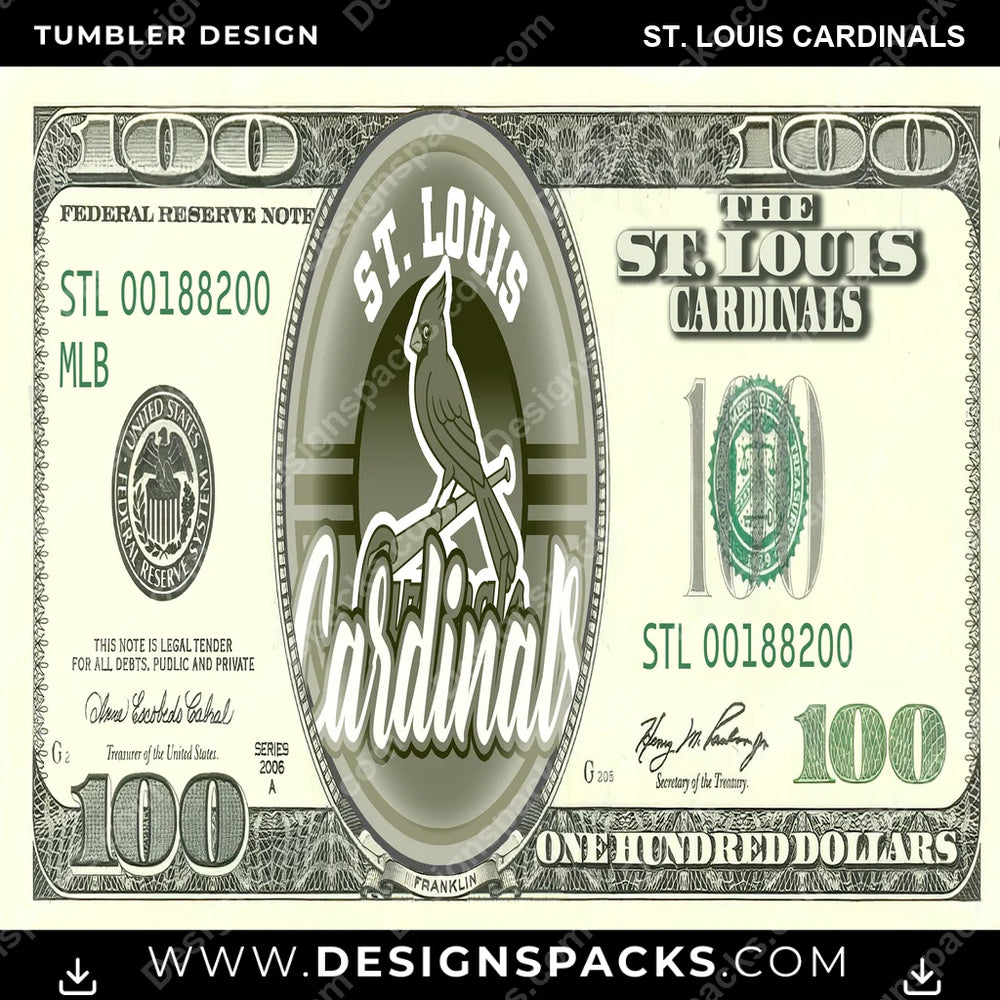 Baseball 100 Dollar Bill St. Louis Cardinals MLB Baseball Tumbler Digital Wrap Design Download