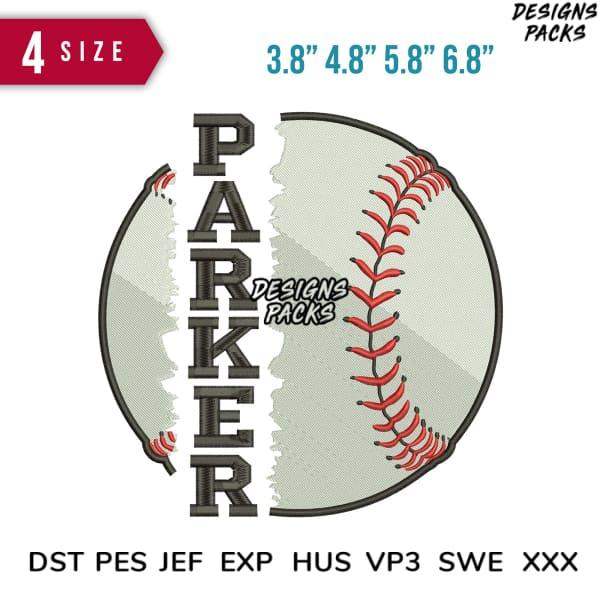 Baseball-themed embroidery design with 'PARKER' text, available in 4 sizes and multiple file formats for instant download.