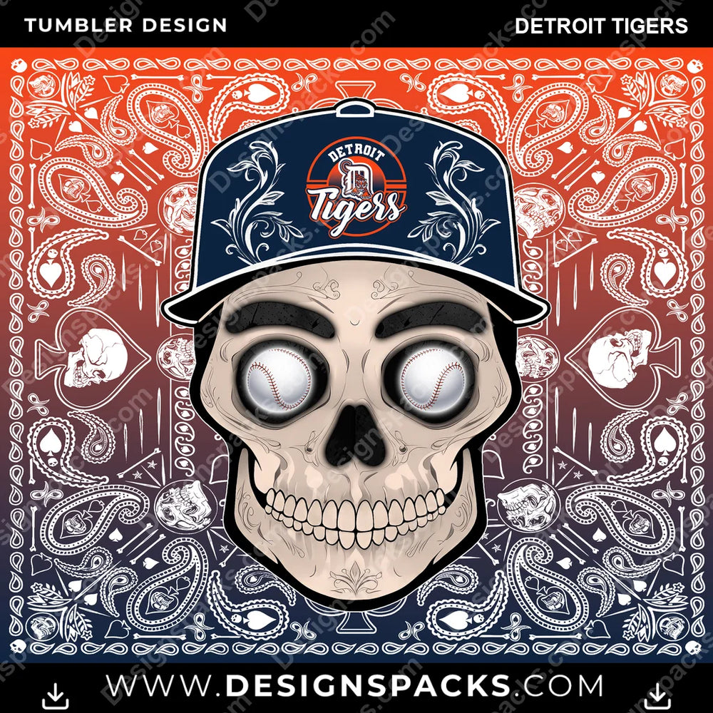 Baseball Skull Handkerchief Detroit Tigers MLB Baseball Tumbler Digital Wrap Design Download