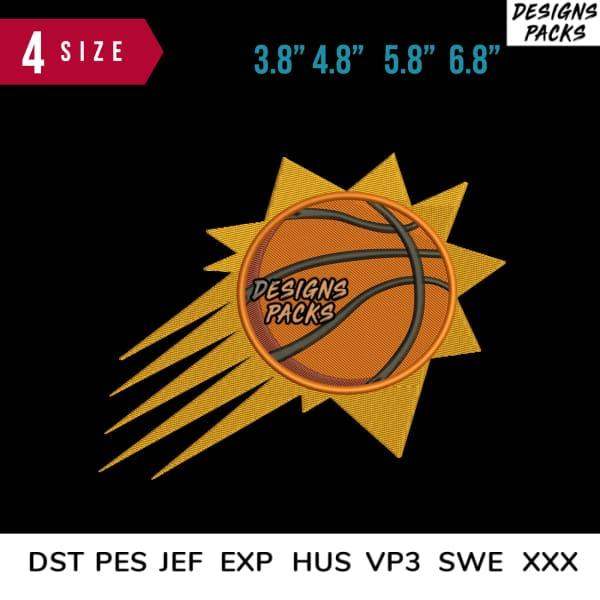Basketball embroidery design with sunburst, 4 sizes, DST PES JEF formats for instant download
