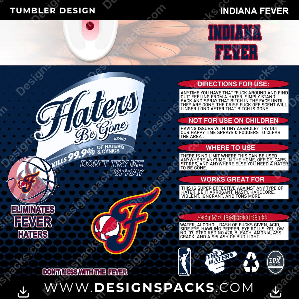 Basketball Haters Be Gone Indiana Fever NBA Basketball Tumbler Digital Wrap Design Download
