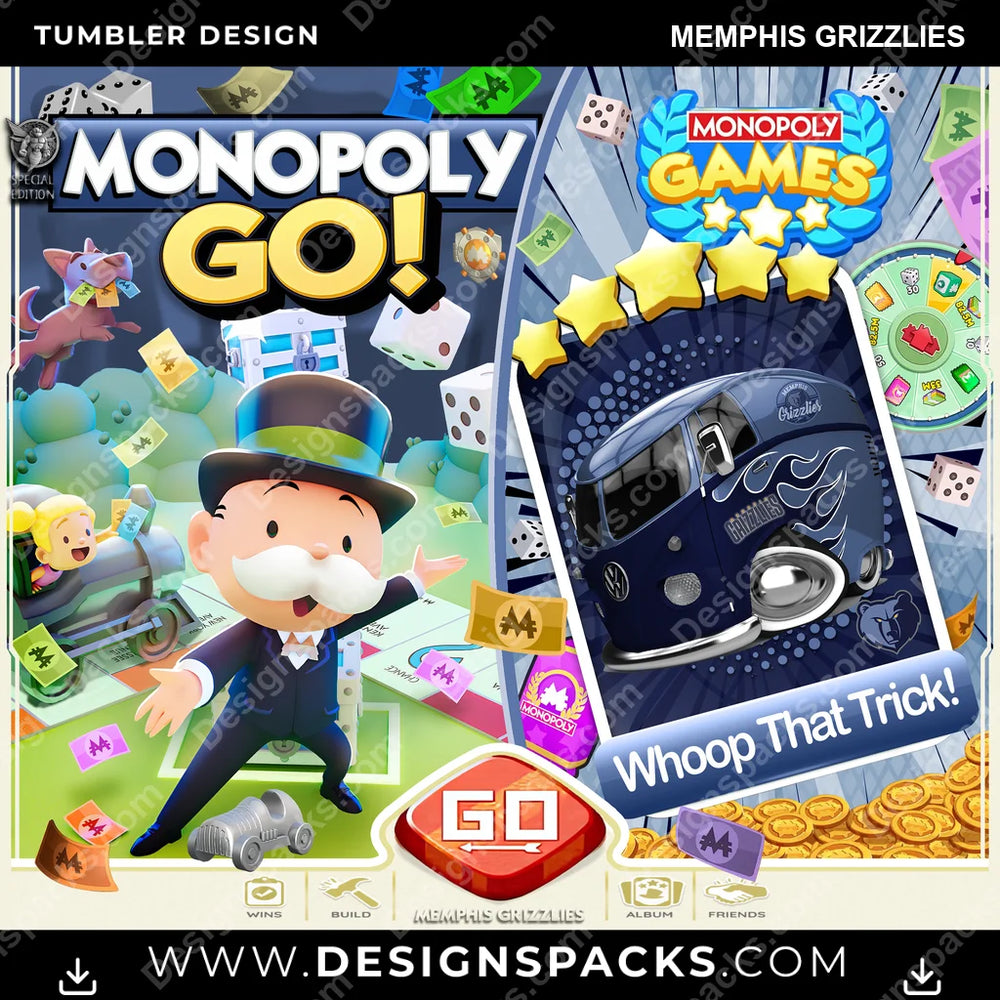 Basketball Monopoly Go! Memphis Grizzlies NBA Basketball Tumbler Digital Wrap Design Download