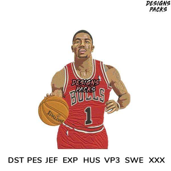 Embroidery design of basketball player in red Bulls jersey holding Spalding ball, available in PES DST formats