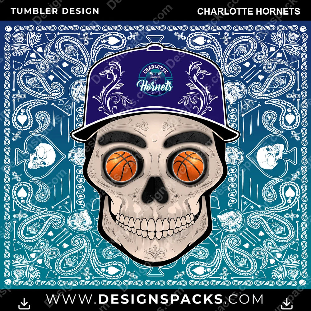 Basketball Skull Handkerchief Charlotte Hornets NBA Basketball Tumbler Digital Wrap Design Download