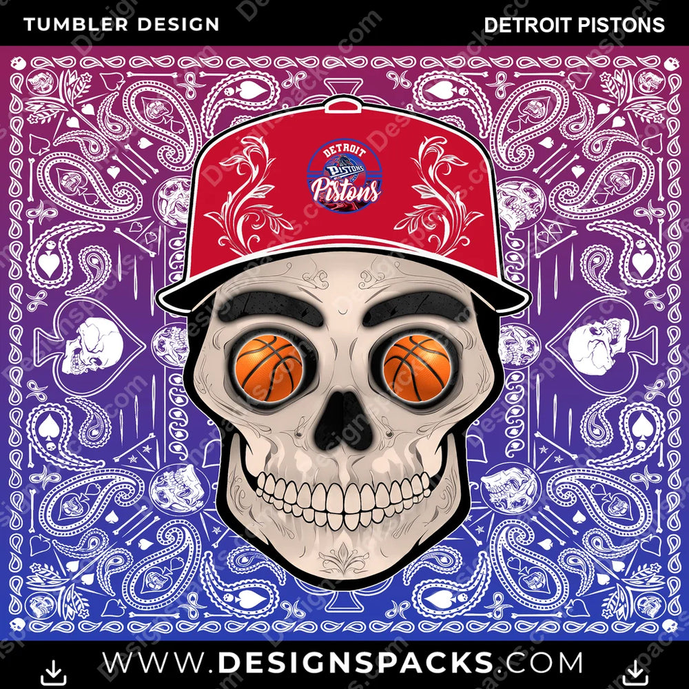 Basketball Skull Handkerchief Detroit Pistons NBA Basketball Tumbler Digital Wrap Design Download