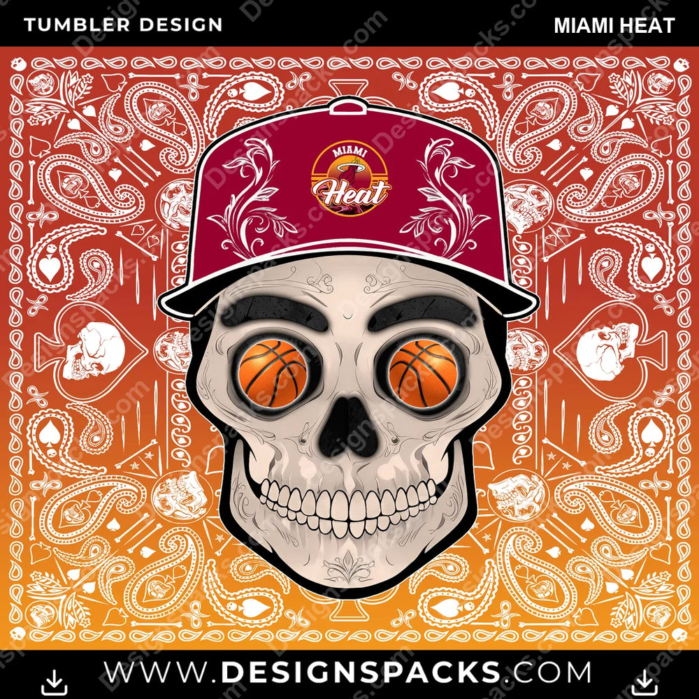 Basketball Skull Handkerchief Miami Heat NBA Basketball Tumbler Digital Wrap Design Download