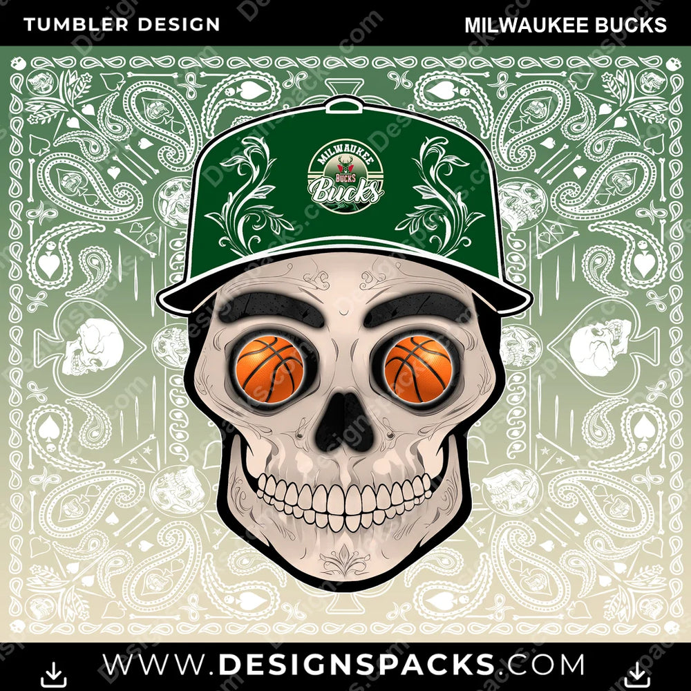 Basketball Skull Handkerchief Milwaukee Bucks NBA Basketball Tumbler Digital Wrap Design Download