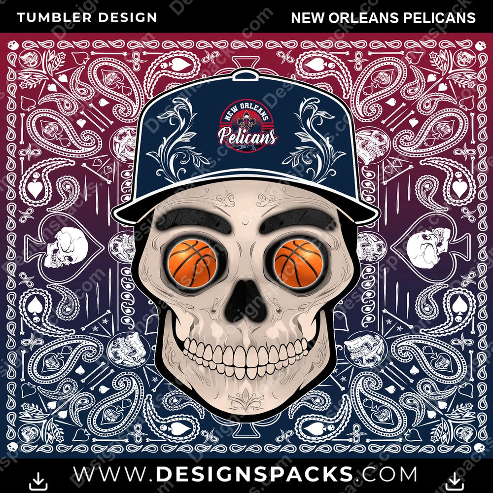 Basketball Skull Handkerchief New Orleans Pelicans NBA Basketball Tumbler Digital Wrap Design Download