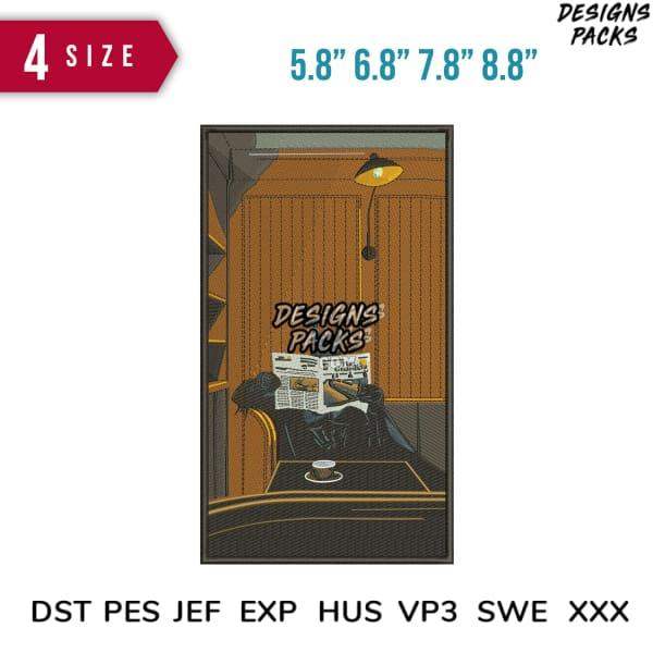 Cafe booth embroidery design with newspaper, coffee, and lamp – available in PES, DST, EXP formats