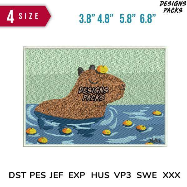 Capybara swimming with lemons, embroidery design in DST PES formats for instant download