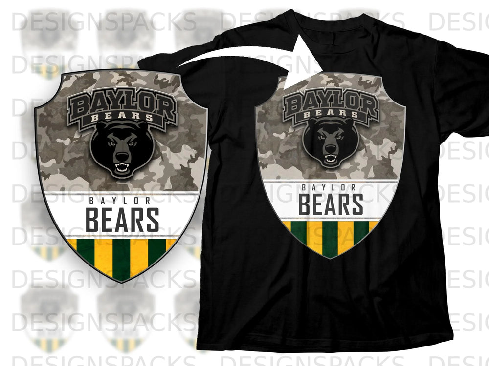 Baylor Bears logo with camouflage, bear head, and green and gold stripes on a black t-shirt.