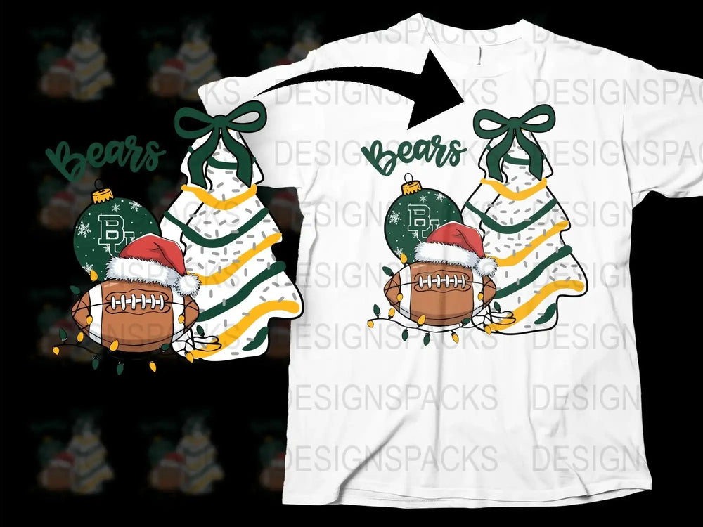 Festive Holiday Bears T-Shirt, Christmas Lights and Santa Hats Design, Green and Gold Colors