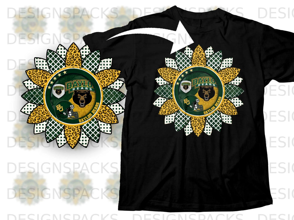 Sunflower design with Baylor Bears logo and leopard print on black shirt.