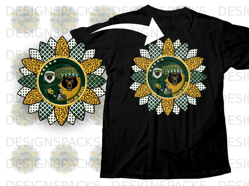 Sunflower design with Baylor Bears logo and leopard print on black shirt.