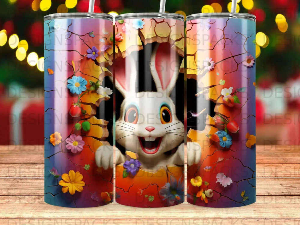 Happy Easter bunny peeking through a cracked egg, surrounded by flowers.