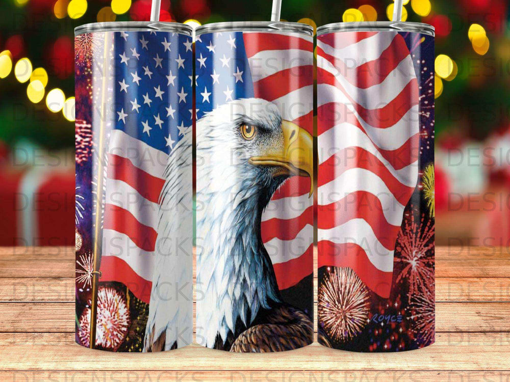 American flag with eagle and fireworks design on tumblers.