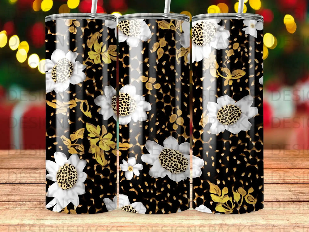 Black tumbler with white and gold floral leopard print design.