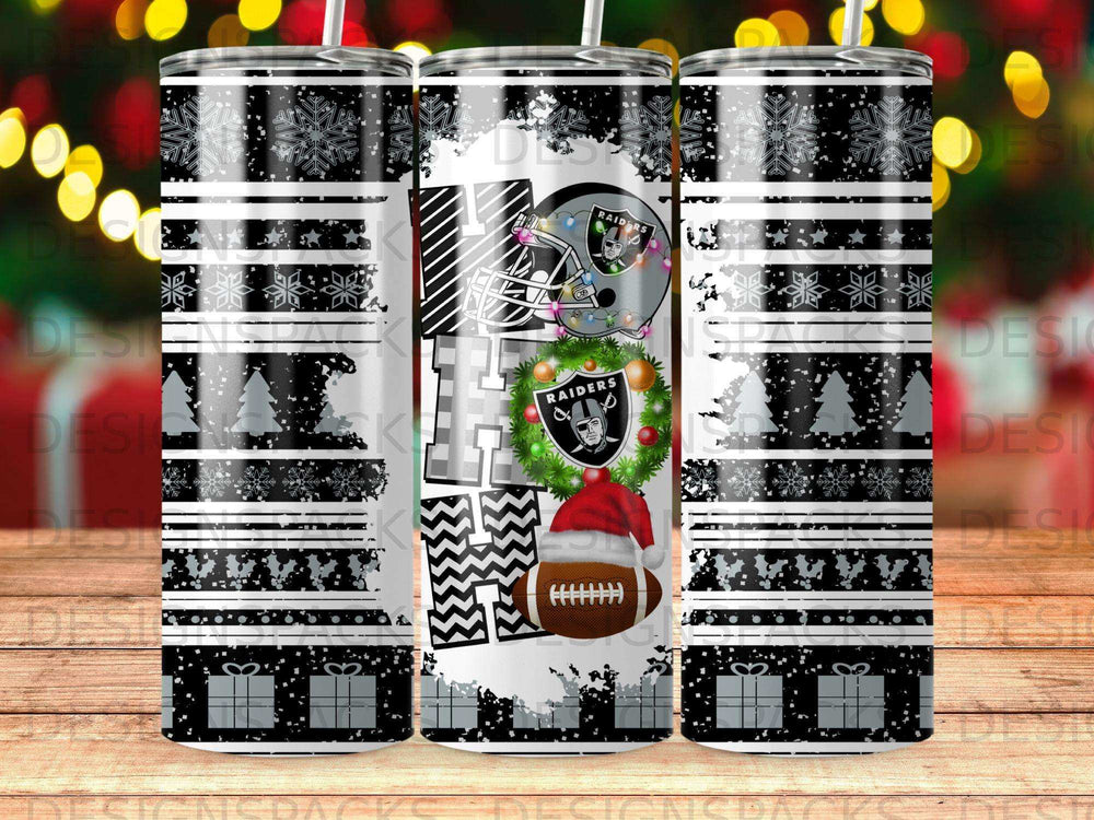 Las Vegas Raiders themed tumbler with snowflakes and football elements.