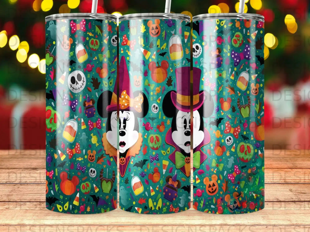 Mickey and Minnie Mouse in Halloween costumes on a teal background with candy corn and pumpkins.