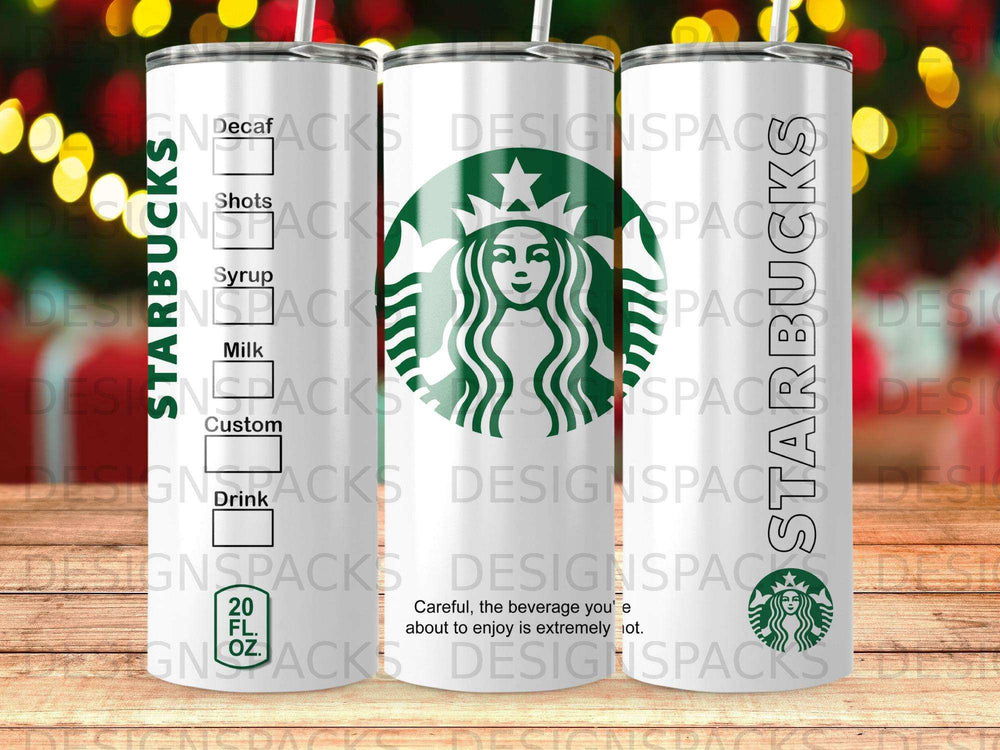 Starbucks tumbler with logo, text "Starbucks", "Shots", "Syrup", "Milk", "Custom", "Drink".