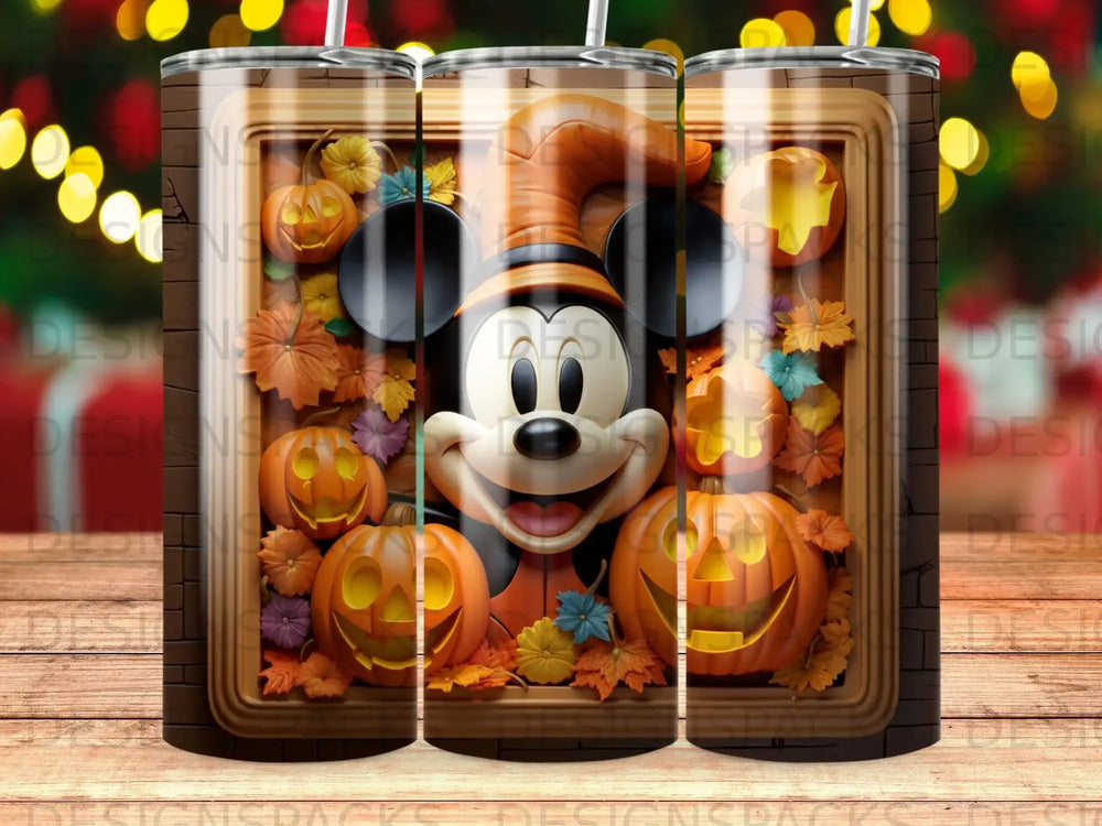 Mickey Mouse wearing a witch hat surrounded by pumpkins and fall leaves.
