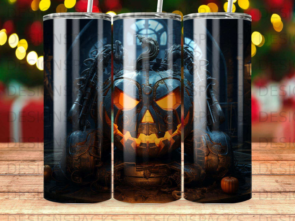 Spooky mechanical pumpkin with glowing orange eyes on a wooden surface.