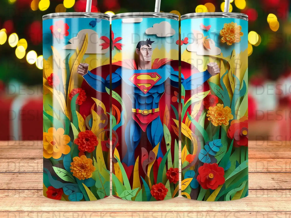 Superman stands heroically amidst colorful paper cutouts of flowers and foliage.