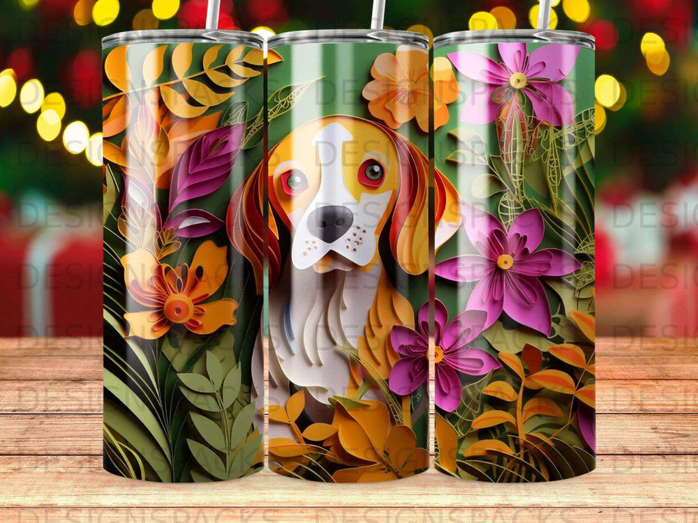 Beagle dog among colorful flowers and leaves, vertical design.