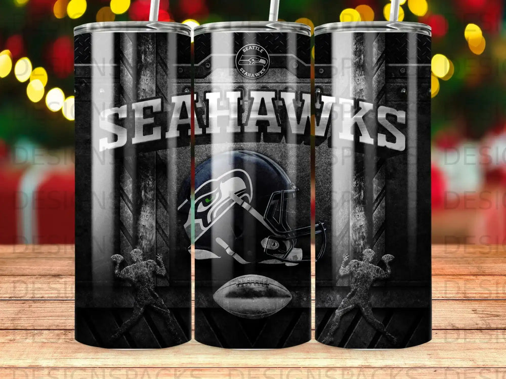 Seattle Seahawks logo with football and metallic textures on a black tumbler.